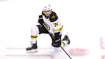 TORONTO, ONTARIO - AUGUST 31: Jake DeBrusk #74 of the Boston Bruins warms up prior to Game Five of the Eastern Conference Second Round against the Tampa Bay Lightning during the 2020 NHL Stanley Cup Playoffs at Scotiabank Arena on August 31, 2020 in Toronto, Ontario. (Photo by Elsa/Getty Images)