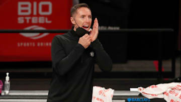 NEW YORK, NEW YORK - JANUARY 23: (NEW YORK DAILIES OUT) Head coach Steve Nash of the Brooklyn Nets in action against the Miami Heat at Barclays Center on January 23, 2021 in New York City. The Nets defeated the Heat 128-124. NOTE TO USER: User expressly acknowledges and agrees that, by downloading and/or using this Photograph, user is consenting to the terms and conditions of the Getty Images License Agreement. (Photo by Jim McIsaac/Getty Images)
