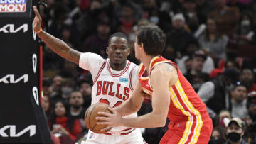 Feb 24, 2022; Chicago, Illinois, USA; Chicago Bulls forward Javonte Green (24) guards Atlanta Hawks forward Danilo Gallinari (8) during the first half at the United Center. Mandatory Credit: Matt Marton-USA TODAY Sports