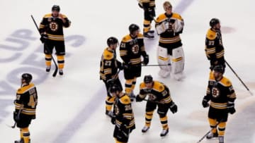 May 14, 2014; Boston, MA, USA; The Boston Bruins acknowledge the crowd after being defeated by the Montreal Canadiens 3-1 in game seven of the second round of the 2014 Stanley Cup Playoffs at TD Banknorth Garden. Mandatory Credit: Greg M. Cooper-USA TODAY Sports
