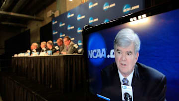 ARLINGTON, TX - APRIL 06: NCAA President Mark Emmert speaks to the media during a press conference at AT
