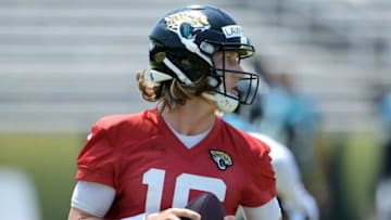 Jaguars (16) QB Trevor Lawrence during drills at Thursday's OTA session.Jki 052721 Jagsotas 24