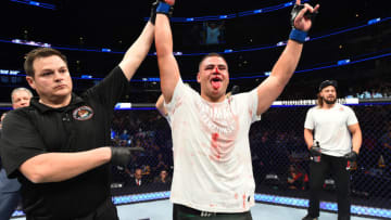 CHICAGO, ILLINOIS - JUNE 09: Tai Tuivasa of Australia celebrates after defeating Andrei Arlovski of Belarus in their heavyweight fight during the UFC 225 event at the United Center on June 9, 2018 in Chicago, Illinois. (Photo by Josh Hedges/Zuffa LLC/Zuffa LLC via Getty Images)