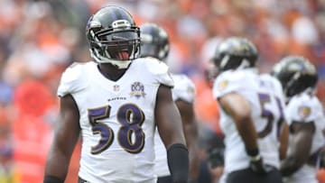 Sep 13, 2015; Denver, CO, USA; Baltimore Ravens outside linebacker Elvis Dumervil (58) during the first half against the Denver Broncos at Sports Authority Field at Mile High. Mandatory Credit: Chris Humphreys-USA TODAY Sports