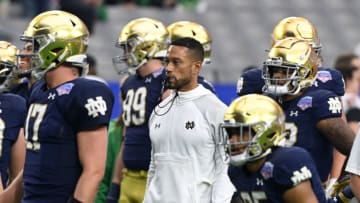 GLENDALE, ARIZONA - JANUARY 01: Head coach Marcus Freeman of the Notre Dame Fighting Irish prepares for the Play Station Fiesta Bowl against the Oklahoma State University Cowboys at State Farm Stadium on January 01, 2022 in Glendale, Arizona. (Photo by Norm Hall/Getty Images)