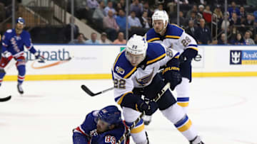 NEW YORK, NY - NOVEMBER 01: Kevin Shattenkirk #22 of the St. Louis Blues and Pavel Buchnevich #89 of the New York Rangers battle for the puck during their game at Madison Square Garden on November 1, 2016 in New York City. (Photo by Al Bello/Getty Images)
