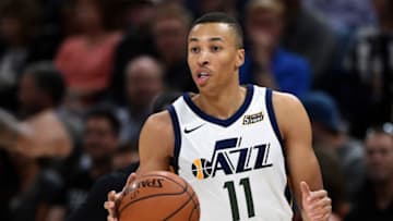 SALT LAKE CITY, UT - OCTOBER 4: Dante Exum #11 of the Utah Jazz controls the ball against the Maccabi Haifa in preseason action at Vivint Smart Home Arena on October 4, 2017 in Salt Lake City, Utah (Photo by Gene Sweeney Jr./Getty Images)