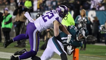 PHILADELPHIA, PA - JANUARY 21: Torrey Smith #82 of the Philadelphia Eagles scores a third quarter touchdown past Harrison Smith #22 of the Minnesota Vikings in the NFC Championship game at Lincoln Financial Field on January 21, 2018 in Philadelphia, Pennsylvania. (Photo by Rob Carr/Getty Images)