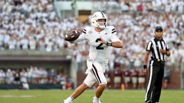 STARKVILLE, MISSISSIPPI - SEPTEMBER 09: Will Rogers #2 of the Mississippi State Bulldogs looks to pass during the game against the Arizona Wildcats at Davis Wade Stadium on September 09, 2023 in Starkville, Mississippi. (Photo by Justin Ford/Getty Images)