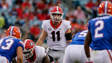 JACKSONVILLE, FL - OCTOBER 28: Georgia Bulldogs quarterback Jake Fromm (11) calls a play during the game between the Georgia Bulldogs and the Florida Gators on October 28, 2017 at EverBank Field in Jacksonville, Fl. (Photo by David Rosenblum/Icon Sportswire via Getty Images)