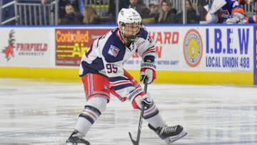 BRIDGEPORT, CT - JANUARY 12: Vinni Lettieri #95 of the Hartford Wolf Pack brings brings the puck up ice during a game against the Bridgeport Sound Tigers at the Webster Bank Arena on January 12, 2019 in Bridgeport, Connecticut. (Photo by Gregory Vasil/Getty Images)