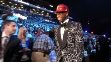 Jun 26, 2014; Brooklyn, NY, USA; Andrew Wiggins (Kansas) walks off the stage after being selected as the number one overall pick to the Cleveland Cavaliers in the 2014 NBA Draft at the Barclays Center. Mandatory Credit: Brad Penner-USA TODAY Sports