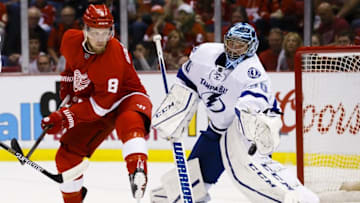 Apr 17, 2016; Detroit, MI, USA; Tampa Bay Lightning goalie Ben Bishop (30) makes the save in front of Detroit Red Wings left wing Justin Abdelkader (8) during the second period in game three of the first round of the 2016 Stanley Cup Playoffs at Joe Louis Arena. Mandatory Credit: Rick Osentoski-USA TODAY Sports