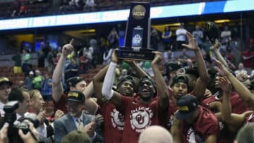 March 26, 2016; Anaheim, CA, USA; Oklahoma Sooners guard Buddy Hield (24) celebrates the 80-68 victory against Oregon Ducks to win the West regional final of the NCAA Tournament at Honda Center. Mandatory Credit: Richard Mackson-USA TODAY Sports