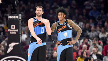 CLEVELAND, OHIO - MARCH 02: Kevin Love #0 talks with Kevin Porter Jr. #4 of the Cleveland Cavaliers during the first half against the Utah Jazz at Rocket Mortgage Fieldhouse on March 02, 2020 in Cleveland, Ohio. NOTE TO USER: User expressly acknowledges and agrees that, by downloading and/or using this photograph, user is consenting to the terms and conditions of the Getty Images License Agreement. (Photo by Jason Miller/Getty Images)