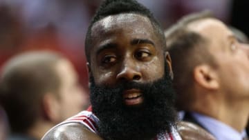 Oct 4, 2016; Houston, TX, USA; Houston Rockets guard James Harden (13) on the bench during a game against the New York Knicks at Toyota Center. Mandatory Credit: Troy Taormina-USA TODAY Sports