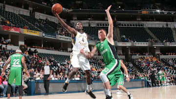INDIANAPOLIS, IN - OCTOBER 10: Victor Oladipo #4 of the Indiana Pacers drives to the basket during the preseason game against the Maccabi Haifa on October 10, 2017 at Bankers Life Fieldhouse in Indianapolis, Indiana. NOTE TO USER: User expressly acknowledges and agrees that, by downloading and or using this Photograph, user is consenting to the terms and conditions of the Getty Images License Agreement. Mandatory Copyright Notice: Copyright 2017 NBAE (Photo by Ron Hoskins/NBAE via Getty Images)