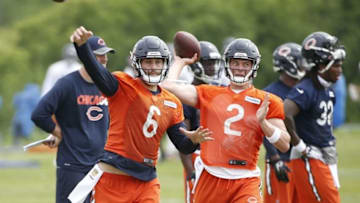 May 25, 2016; Lake Forest, IL, USA; Chicago Bears quarterbacks Jay Cutler (6) and Ben LeCompte (2) during the OTA practice at Halas Hall. Mandatory Credit: Kamil Krzaczynski-USA TODAY Sports
