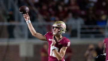 Florida State Seminoles quarterback Tate Rodemaker (18) passes to a teammate. The Florida State Seminoles defeated the Southern Miss Golden Eagles on Saturday, Sept. 9, 2023.