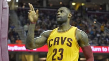 Feb 6, 2016; Cleveland, OH, USA; Cleveland Cavaliers forward LeBron James (23) reacts after being foul in the fourth quarter against the New Orleans Pelicans at Quicken Loans Arena. Mandatory Credit: David Richard-USA TODAY Sports
