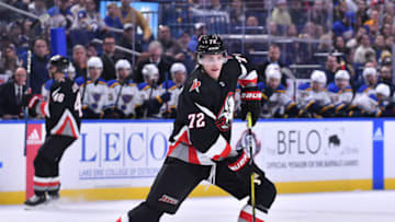 Nov 23, 2022; Buffalo, New York, USA; Buffalo Sabres right wing Tage Thompson (72) handles the puck against the St. Louis Blues in the second period at KeyBank Center. Mandatory Credit: Mark Konezny-USA TODAY Sports