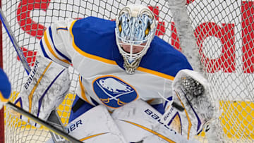 Mar 13, 2023; Toronto, Ontario, CAN; Buffalo Sabres goaltender Ukko-Pekka Luukkonen (1) makes a save during warm up before a game against the Toronto Maple Leafs at Scotiabank Arena. Mandatory Credit: John E. Sokolowski-USA TODAY Sports