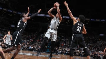 BROOKLYN, NY - FEBRUARY 25: DeMar DeRozan #10 of the San Antonio Spurs shoots the ball against the Brooklyn Nets on February 25, 2019 at Barclays Center in Brooklyn, New York. NOTE TO USER: User expressly acknowledges and agrees that, by downloading and or using this Photograph, user is consenting to the terms and conditions of the Getty Images License Agreement. Mandatory Copyright Notice: Copyright 2019 NBAE (Photo by Nathaniel S. Butler/NBAE via Getty Images)