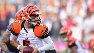 FOXBORO, MA - OCTOBER 16: AJ McCarron hands off the ball during the fourth quarter of a game against the New England Patriots at Gillette Stadium on October 16, 2016 in Foxboro, Massachusetts. (Photo by Billie Weiss/Getty Images)