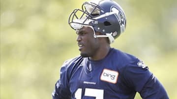 May 10, 2013; Renton, WA, USA; Seattle Seahawks wide receiver Chris Harper (17) rests in between drills at a rookie minicamp practice at the Virginia Mason Athletic Center. Mandatory Credit: Joe Nicholson-USA TODAY Sports