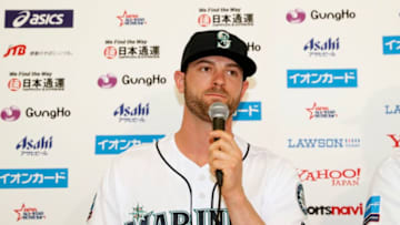 TOKYO, JAPAN - NOVEMBER 7: Mitch Haniger #17 of the Seattle Mariners, addresses the media during a press conference during the workout day for the Japan All-Star Series at the Tokyo Dome on Wednesday, November 7, 2018 in Tokyo, Japan. (Photo by Yuki Taguchi/MLB Photos via Getty Images)