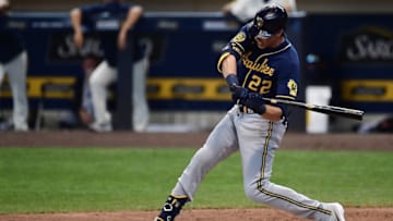 MILWAUKEE, WISCONSIN - JULY 19: Christian Yelich #22 of the Milwaukee Brewers swings at a pitch during Summer Workouts at Miller Park on July 19, 2020 in Milwaukee, Wisconsin. (Photo by Stacy Revere/Getty Images)
