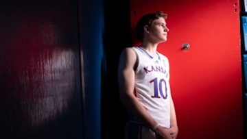 Kansas freshman guard Johnny Furphy (10) poses during media day inside Allen Fieldhouse Wednesday.