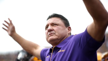 BATON ROUGE, LOUISIANA - OCTOBER 26: Head coach of the LSU Tigers Ed Ogeron looks on during pregame against the Auburn Tigers at Tiger Stadium on October 26, 2019 in Baton Rouge, Louisiana. (Photo by Chris Graythen/Getty Images)