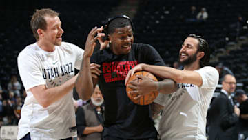 SALT LAKE CITY, UT - FEBRUARY 26: Joe Johnson #7 of the Houston Rockets and Joe Ingles #2 with Ricky Rubio #3 of the Utah Jazz greet each other before the game on February 26, 2018 at vivint.SmartHome Arena in Salt Lake City, Utah. Copyright 2018 NBAE (Photo by Melissa Majchrzak/NBAE via Getty Images)