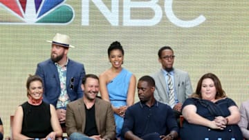 BEVERLY HILLS, CA - AUGUST 03: (Top L-R) Actors Chris Sullivan, Susan Kelechi Watson, Ron Cephas Jones, (bottom L-R) Mandy Moore, executive producer/showrunner Dan Fogelman, and actors Sterling K. Brown and Chrissy Metz of 'This Is Us' speak onstage during the NBCUniversal portion of the 2017 Summer Television Critics Association Press Tour at The Beverly Hilton Hotel on August 3, 2017 in Beverly Hills, California. (Photo by Frederick M. Brown/Getty Images)
