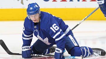 TORONTO, ON - DECEMBER 22: Mitchell Marner #16 of the Toronto Maple Leafs stretches during the warm-up prior to action against the New York Rangers in an NHL game at Scotiabank Arena on December 22, 2018 in Toronto, Ontario, Canada. The Maple Leafs defeated the Rangers 5-3. (Photo by Claus Andersen/Getty Images)