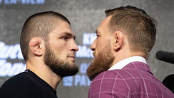 NEW YORK, NY - SEPTEMBER 20: UFC lightweight champion Khabib Nurmagomedov (L) and Conor McGregor (R) face off after the UFC 229 press conference at Radio City Music Hall on September 20, 2018 in New York, NY. The two will meet in the main event on October 6, 2018 at the T-Mobile Arena in Las Vegas, Nevada. (Photo by Ed Mulholland/Zuffa LLC/Zuffa LLC via Getty Images)