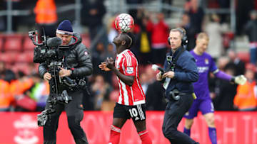 SOUTHAMPTON, ENGLAND - MAY 01: Sadio Mane of Southampton balances the ball after his hat trick during the Barclays Premier League match between Southampton and Manchester City at St Mary's Stadium on May 1, 2016 in Southampton, England. (Photo by Clive Rose/Getty Images)