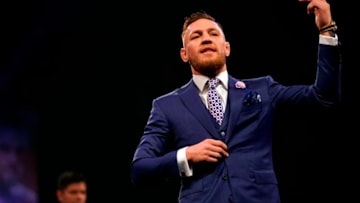 LONDON, ENGLAND - JULY 14: Conor McGregor reacts to the crowd during the Floyd Mayweather Jr. v Conor McGregor World Press Tour event at SSE Arena on July 14, 2017 in London, England. (Photo by Jeff Bottari/Zuffa LLC/Zuffa LLC via Getty Images)