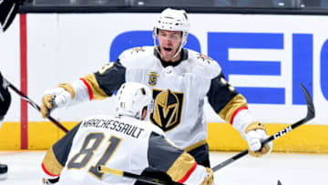 LOS ANGELES, CA - APRIL 17: Brayden McNabb #3 and Jonathan Marchessault #81 of the Vegas Golden Knights celebrate McNabb's second period goal in Game Four of the Western Conference First Round against the Los Angeles Kings during the 2018 NHL Stanley Cup Playoffs at Staples Center on April 17, 2018 in Los Angeles, California. (Photo by Juan Ocampo/NHLI via Getty Images)