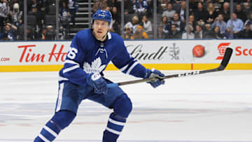 TORONTO, ON - NOVEMBER 26: Par Lindholm #26 of the Toronto Maple Leafs skates against the Boston Bruins during an NHL game at Scotiabank Arena on November 26, 2018 in Toronto, Ontario, Canada. The Maple Leafs defeated the Bruins 4-2. (Photo by Claus Andersen/Getty Images)