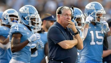 CHAPEL HILL, NORTH CAROLINA - SEPTEMBER 28: Head coach Mack Brown of the North Carolina Tar Heels watches him team play against the Clemson Tigers during the second half of their game at Kenan Stadium on September 28, 2019 in Chapel Hill, North Carolina. Clemson won 21-20. (Photo by Grant Halverson/Getty Images)