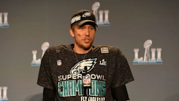 MINNEAPOLIS, MN - FEBRUARY 04: Nick Foles #9 of the Philadelphia Eagles speaks to the media after his teams 41-33 win over the New England Patriots in Super Bowl LII at U.S. Bank Stadium on February 4, 2018 in Minneapolis, Minnesota. The Philadelphia Eagles defeated the New England Patriots 41-33. (Photo by Larry Busacca/Getty Images)