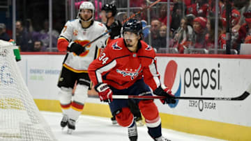 WASHINGTON, DC - NOVEMBER 03: Capitals defenseman Jonas Siegenthaler (34) skates from behind his own net during the Calgary Flames vs. Washington Capitals on November 3, 2019 at Capital One Arena in Washington, D.C.. (Photo by Randy Litzinger/Icon Sportswire via Getty Images)