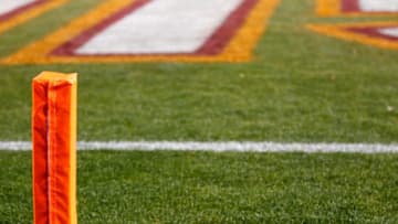 BLACKSBURG, VA - NOVEMBER 17: A general view of an end zone pylon during the game between the Virginia Tech Hokies and North Carolina Tar Heels at Lane Stadium on November 17, 2011 in Blacksburg, Virginia. (Photo by Geoff Burke/Getty Images)