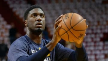 May 30, 2014; Miami, FL, USA; Indiana Pacers center Roy Hibbert (55) warms up prior to a game against the Miami Heat in game six of the Eastern Conference Finals of the 2014 NBA Playoffs at American Airlines Arena. Mandatory Credit: Steve Mitchell-USA TODAY Sports