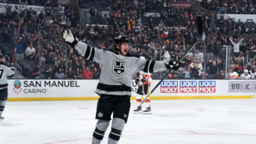LOS ANGELES, CA - OCTOBER 19: Tyler Toffoli #73 of the Los Angeles Kings celebrates after scoring a first-period goal against the Calgary Flames at STAPLES Center on October 19, 2019 in Los Angeles, California. (Photo by Adam Pantozzi/NHLI via Getty Images)