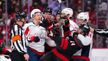 Garnet Hathaway, Connor McMichael, John Carlson, Washington Capitals Mandatory Credit: James Guillory-USA TODAY Sports