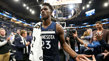 MINNEAPOLIS, MN - OCTOBER 27: Jimmy Butler #23 of the Minnesota Timberwolves walks off the court after the game against the Oklahoma City Thunder on October 27, 2017 at Target Center in Minneapolis, Minnesota. NOTE TO USER: User expressly acknowledges and agrees that, by downloading and/or using this photograph, user is consenting to the terms and conditions of the Getty Images License Agreement. Mandatory Copyright Notice: Copyright 2017 NBAE (Photo by David Sherman/NBAE via Getty Images)