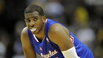 May 3, 2013; Memphis, TN, USA; Los Angeles Clippers point guard Chris Paul (3) listens to fans heckle in the final minutes of their 115-105 loss to the Memphis Grizzlies in game six of the first round of the 2013 NBA Playoffs at FedEx Forum. The Memphis Grizzlies defeated the Los Angeles Clippers 118-105. Mandatory Credit: John David Mercer-USA TODAY Sports